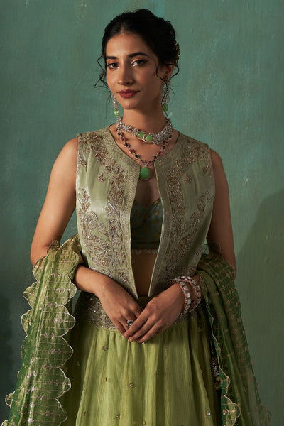 GREEN BROCADE BLOUSE & MINT TISSUE EMBROIDERED KOTI WITH MINT GREEN EMBROIDERED KOTA TISSUE LEHENGA PAIRED WITH GREEN ORGANZA TISSUE DUPATTA (4 PCS)