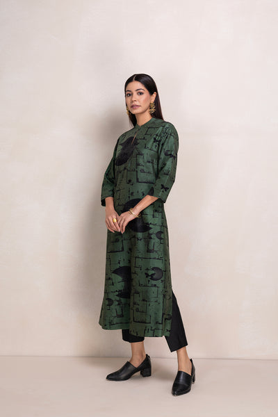 MILITARY GREEN SILK CHANDERI PRINTED TUNIC (1 PC)