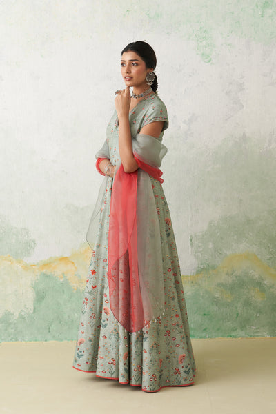 AQUA DUPION PRINTED & EMB. ANARKALI SET (2 PCS)