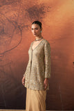GOLD SILK TISSUE HEAVY EMB. LONG JACKET & GOLD TISSUE DRAPE SKIRT (2 PCS)