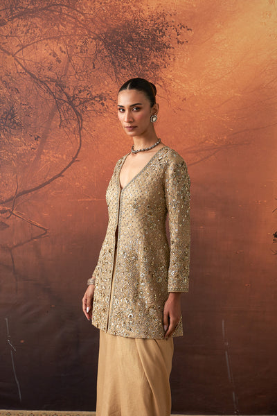 GOLD SILK TISSUE HEAVY EMB. LONG JACKET & GOLD TISSUE DRAPE SKIRT (2 PCS)