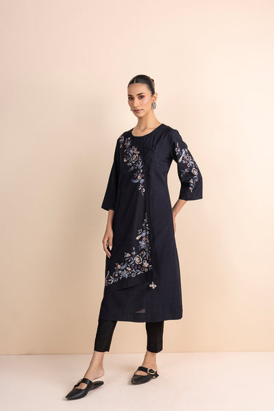 BLACK STRIPE PRINTED & EMBROIDERED ANGRAKHA KURTA SET (2 PCS)