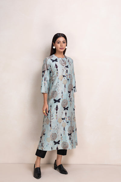 AQUA SILK CHANDERI PRINTED TUNIC (1 PC)