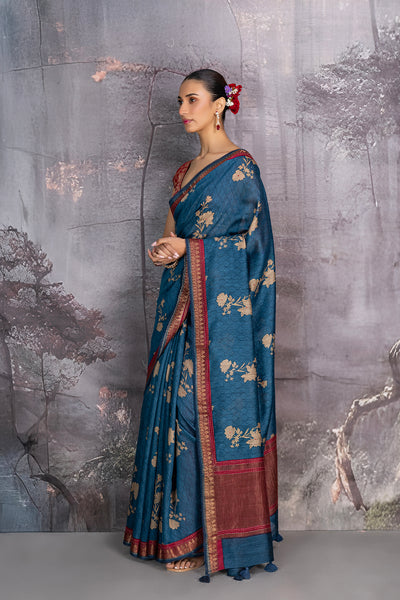 TEAL BLUE TUSSOR GEORGETTE DISCHARGE PRINTED SAREE (1 PC)