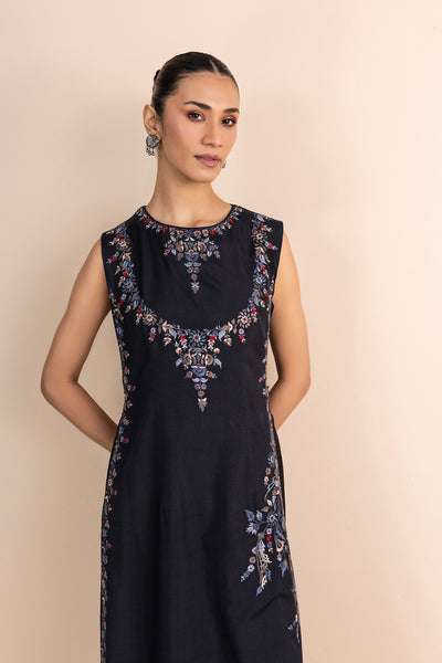 BLACK PRINTED & EMBROIDERED SLEEVELESS KURTA SET (2 PCS)