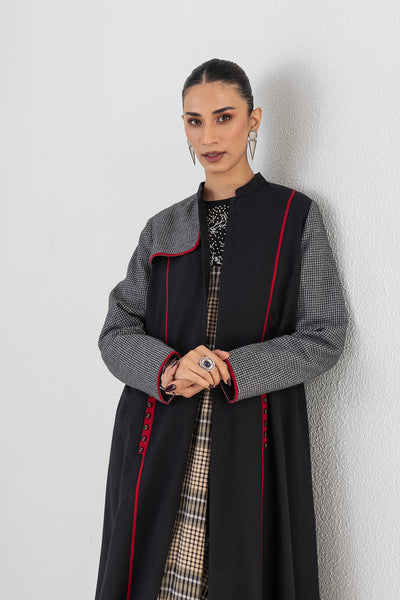 BLACK WOOLEN CHEQUERED LONG JACKET (1 PC)