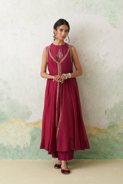 HOT PINK CHANDERI KASHMIRI EMB. ANARKALI SET (4 PCS)