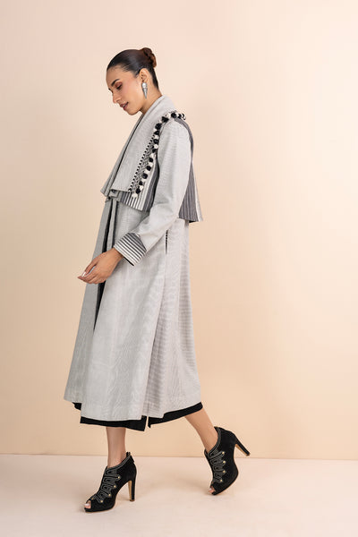 GREY HANDWOVEN COTTON LONG TRENCH COAT (1 PC)