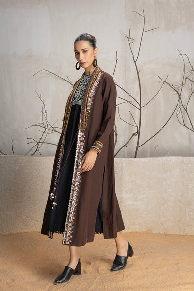 BROWN LINEN EMBROIDERED JACKET (1 PC)