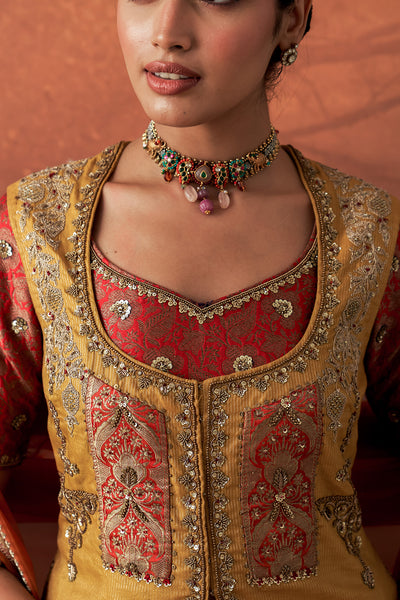 ORANGE & YELLOW TISSUE BROCADE EMB. LEHENGA SET (MH-01C) ( 5 PCS)