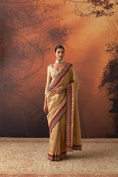 GOLD TISSUE SAREE WITH RED BORDER & UNSTITCHED BLOUSE (2 PCS)