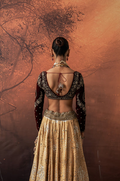 GOLD SILK TISSUE PRINTED & EMB. LEHENGA SET (EVO-07) (4 PCS)