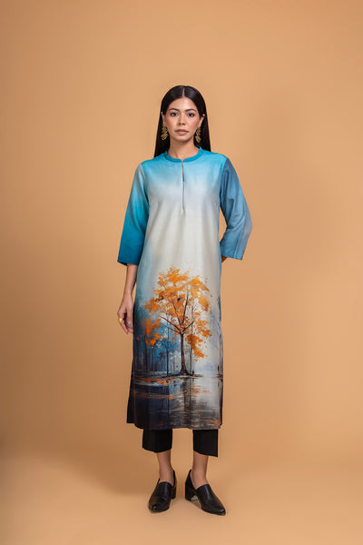 BLUE SILK CHANDERI DAWN PRINTED SHIRT (1 PC)
