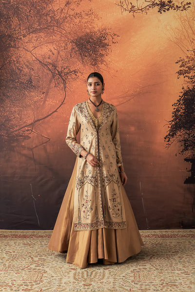 GOLD SILK TISSUE HEAVY EMB. LONG JACKET SET (3 PCS)