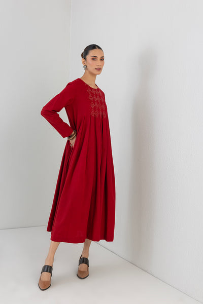 RED BOX PLEATED MELANGE EMBROIDERED DRESS (1 PC)