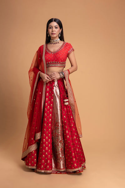 RED BROCADE LEHENGA SET (3 PCS)