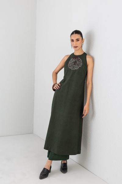 MOSS GREEN MELANGE DRESS PAIRED WITH MOSS GREEN PANTS (2 PCS)