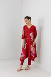 CRIMSON FLAME SILK CHANDERI CHINA ROSE PRINTED DRESS (1 PC)