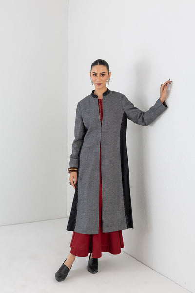 GREY & BLACK CHEQUERED WOOLEN LONG JACKET (1 PC)