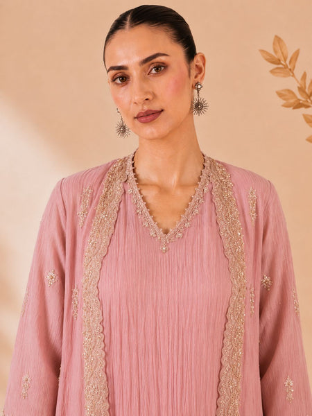 PINK EMBROIDERED KURTA SET WITH ELABORATE PALAZZO AND EMBROIDERD JACKET. (3 PCS)