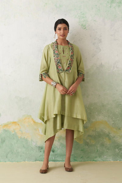 MINT GREEN CHANDERI KASHMIRI EMB. CAPE & DRESS SET (3 PCS)