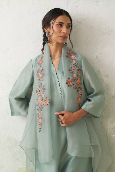 AQUA CHANDERI KASHMIRI EMB. KURTA SET (3 PCS)