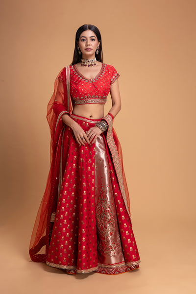 RED BROCADE LEHENGA SET (3 PCS)
