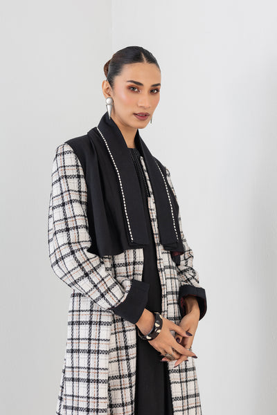 BLACK & WHITE CHEQUERED LONG WOOLEN TRENCH COAT (1 PC)