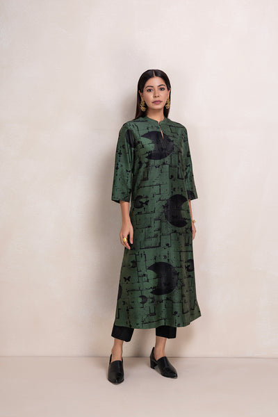 MILITARY GREEN SILK CHANDERI PRINTED TUNIC (1 PC)