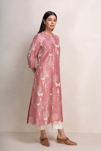 ONION PINK SILK CHANDERI PRINTED TUNIC (1 PC)