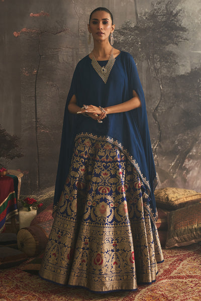 BLUE CHINON CHIFFON EMBROIDERED CAPE WITH COBALT BLUE SILK BROCADE LEHENGA (2 PCS)