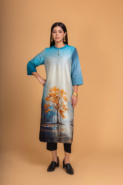 BLUE SILK CHANDERI DAWN PRINTED SHIRT (1 PC)