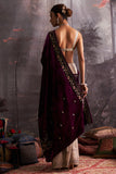 BROWN CRUSH ORGANZA TISSUE EMBROIDERED SAREE WITH SILVER TISSUE UNSTITCHED BLOUSE PIECE WITH PURPLE VELVET EMBROIDERED DUSHALA (4 PCS)