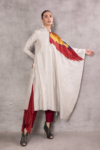 ASH GREY SILK DUPION EMBROIDERED & BIRD PRINTED DRAPED TUNIC (AJP-05)