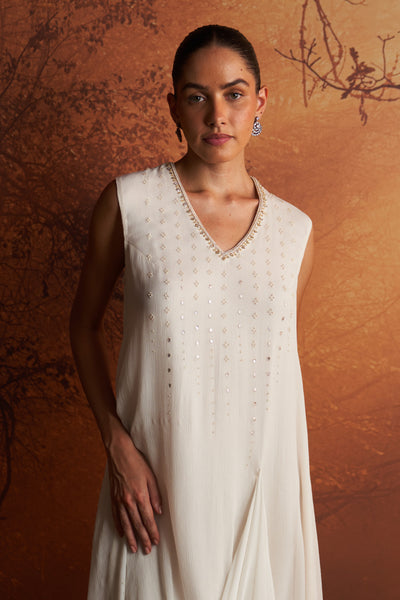 WHITE CHIFFON MOTI EMBROIDERED TUNIC (SE-03)