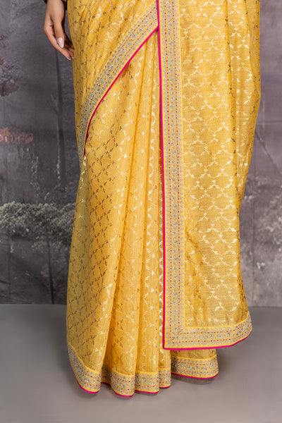 YELLOW GEORGETTE TUSSOR FOIL PRINTED SAREE SET (3 PCS)