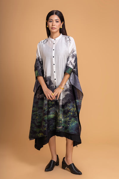 BLACK & WHITE CHANDERI PRINTED KAFTAAN (1 PC)