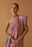 LILAC CHINESE DUPION FOIL PRINTED  & EMBROIDERED SAREE WITH LILAC UNSTITCHED BLOUSE & PETICOAT (SE-12)