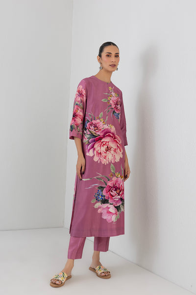 SALMON PINK SILK CHANDERI PEONY FLOWER PRINTED TUNIC (1 PC)