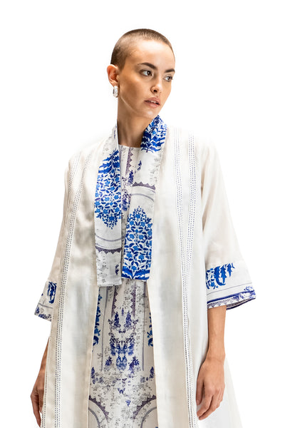 IVORY & BLUE PERSIAN PORCELAIN PRINTED DRESS WITH IVORY & BLUE PRINTED CAPE (BP-08)