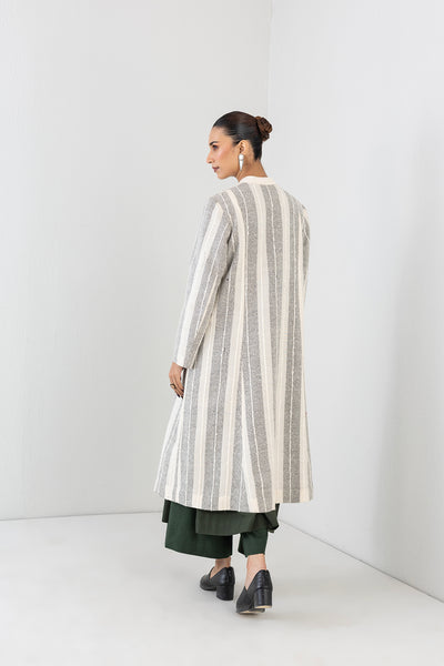 GREY & ECRU WOOLEN TEXTURED STRIPED LONG JACKET (1 PC)