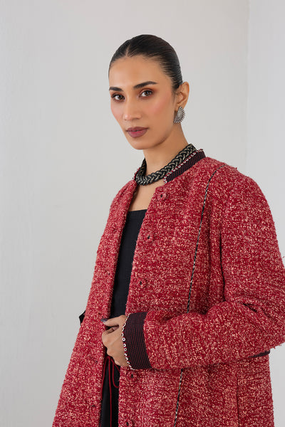 RED TEXTURED WOOLEN MID LENGTH JACKET (1 PC)