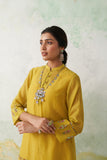 LIME GREEN THIN CHANDERI MULTICOLOUR KASHMIRI EMB. BACK SLIT KURTA SET (3 PCS)