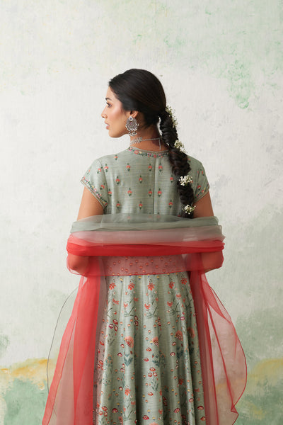 AQUA DUPION PRINTED & EMB. ANARKALI SET (2 PCS)