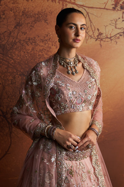 SALMON PINK EMBROIDERED DOUBLE LAYER LEHNGA PAIRED WITH SCALLOP EMBROIDERED VEIL AND DUPATTA  ( WD-06/LEH, WD-06A/BLS, WD-06B/DUP)