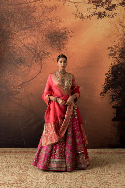 HOT PINK TISSUE MULTIKALI EMB. LEHENGA SET (EVO-09) (3 PCS)