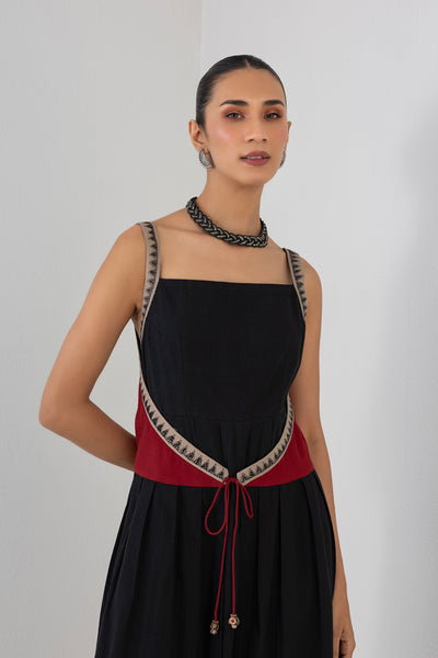 BLACK & RED MELANGE EMBROIDERED WRAP DRESS (1 PC)