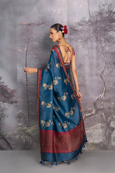 TEAL BLUE TUSSOR GEORGETTE DISCHARGE PRINTED SAREE (1 PC)