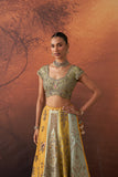 YELLOW & AQUA DUPION EMB. LEHENGA SET(KA-01B) (4 PCS)