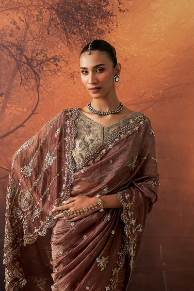 BROWN TISSUE EMB. SAREE SET (2 PCS)